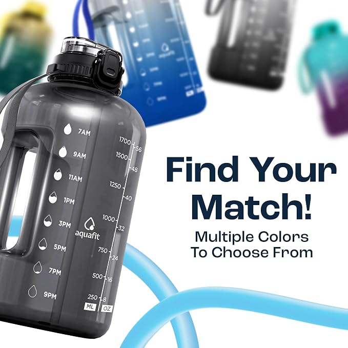 AQUAFIT 64 oz Water Bottle with Time Marker, 2in1 Lid | BPA Free Half Gallon Water Bottle with 2in1 Straw and Chug Lid - Leakproof Gym Water Bottle with Carry Handle (Blue)