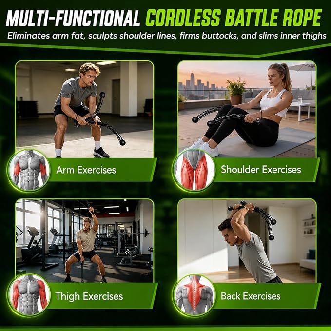 Weighted Ropeless Battle Ropes 2 Pack – 2026 Edition | Cordless Portable No Anchor Battle Rope for Home Gym & Apartment | HIIT Strength & Cardio | Non-Slip Handle | Gloves & Exercise Poster