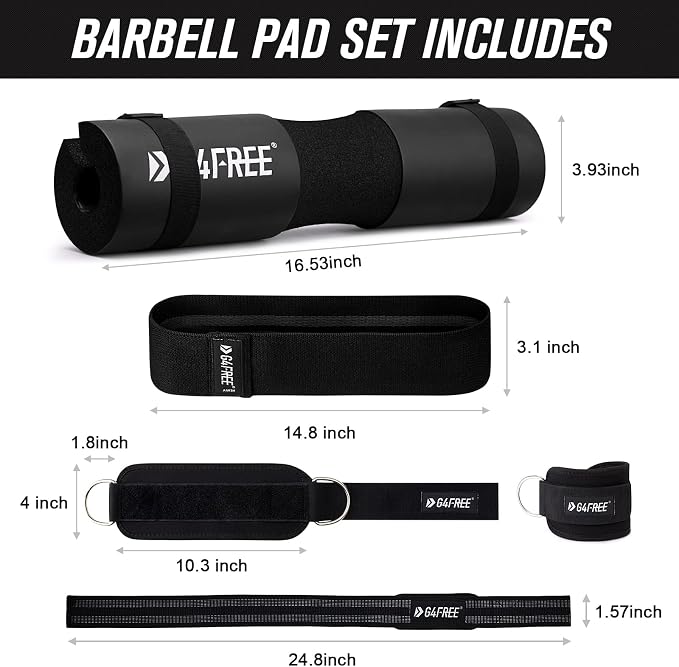G4Free 7/9Pcs Barbell Pad Set for Squat, Hip Thrusts, Lunges, Leg day | Standard Olympic Bars with 2 Gym Ankle Safety Straps, 3 Hip Resistance Bands, 2 Lifting Strap, Barbell Pad, and Carry Bag