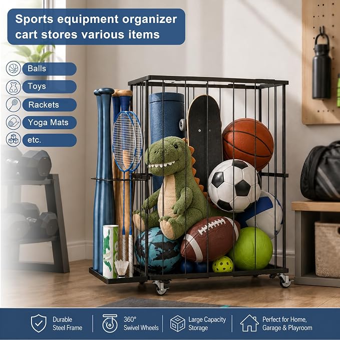 Garage Ball Storage Rack with Wheels, Metal Sports Ball Holder | Basketball Soccer Volleyball Holder with Adjustable Elastic Cords, Ball Organizer Space Saving Rack for Basement Gym Outdoor