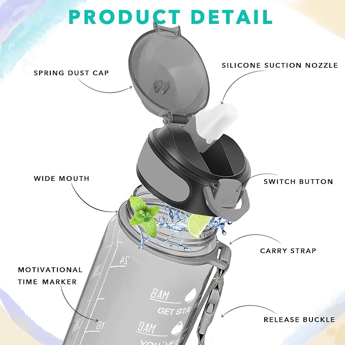 Enerbone 32 oz Water Bottle with Times to Drink and Straw, Motivational Drinking Water Bottles with Carrying Strap, Leakproof BPA & Toxic Free, Ensure You Drink Enough Water for Fitness Gym Outdoor