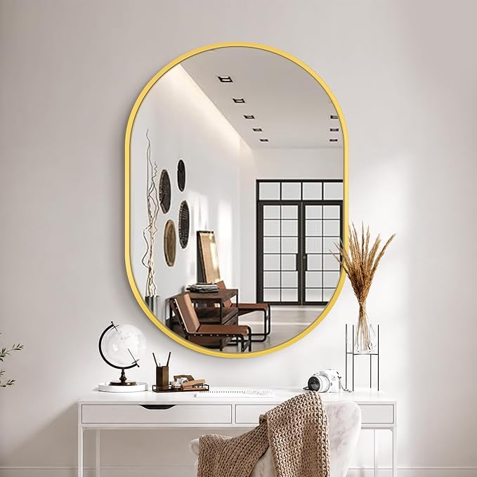 Oval Bathroom Vanity Mirror for Wall, 40''x28'' Gold Oval Bathroom Mirror for Over Sink, Bedroom, Living Room, Entryway, HD Tempered Glass, Wall Mounted Horizontally or Vertically