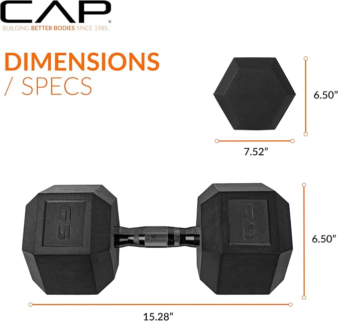 CAP Rubber Coated Dumbbell Weights, Free Weights for Home Gym Strength Training, Anti-Roll Hex Dumbbells with Black, Chrome & Comfort Grip Handles, Pairs & Sets
