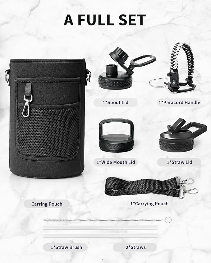 Trebo 64 oz Water Bottle Stainless Steel with 3 Lids, Paracord Handle & Bag | Half Gallon Large Insulated Jug, Triple Wall Vacuum Copper Plated, Dishwasher Safe, Cold 48Hrs for Outdoor, Hiking, Gym