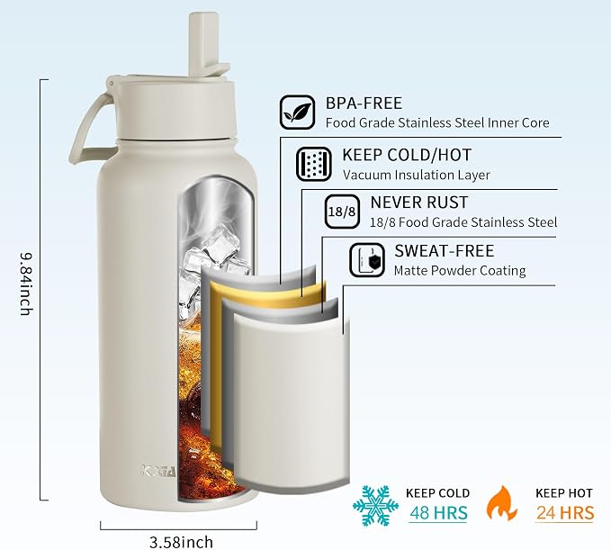 KXIAOCHEN Insulated Water Bottle with Strap, 48-Hour Cold, 2 Lids | Triple-wall insulation, lead-free 18/8 Stainless steel, paracord handle, carabiner clip, for gym, hiking, camping and travel