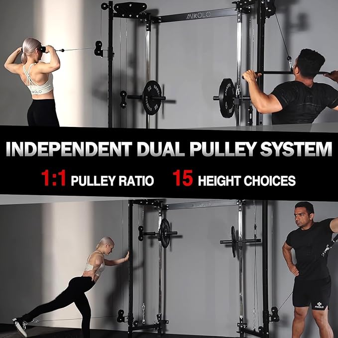 Mikolo Folding Squat Rack, Wall Mounted Power Rack with Cable Crossover Machine & LAT Pull Down, Functional Trainer with 5 Adjustable Function Modes, Home Gym Package