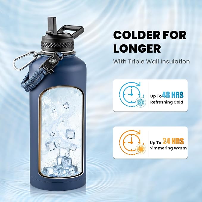 RAYMYLO Insulated Water Bottle 87 oz, Triple Wall Vacuum Stainless Steel | Cold for 48 Hrs), Leak Proof & Non-BPA, Modern Water Flask Jug with Paracord Handle & Straw Spout Lids, Navy Blue