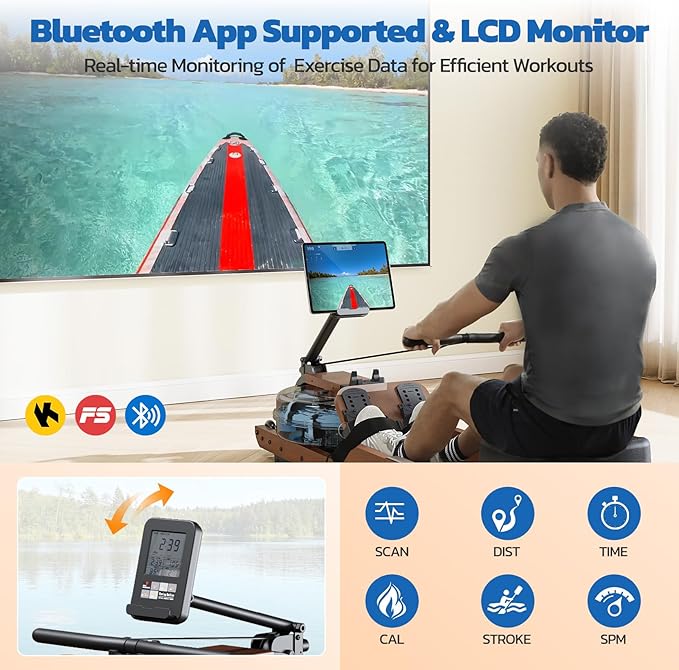 Dripex Water Rowing Machines for Home, Foldable Row Machine with 400LBS Weight Capacity, Rower Machine with Dedicated LCD Monitor, Comfortable Seat, Bluetooth App Compatible for Home Gym Exercise