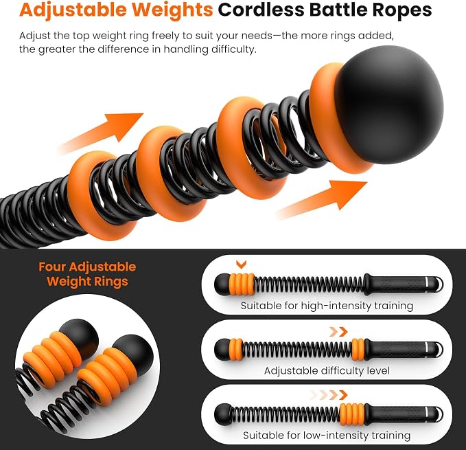 2 Pcs Weighted Cordless Battle Ropes, Portable Ropeless Exercise Rope with Non-Slip Handle, Low-Noise Adjustable Resistance for Home Gym, HIIT & Low-Impact Cardio Strength Training (Black)