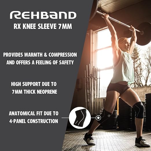 Rehband Rx Knee Sleeves, 7mm neoprene knee support, workout knee compression sleeve for weightlifting, strongman, crossfit, heavy weight training, Colour:Carbon/Black, Size:X-Large