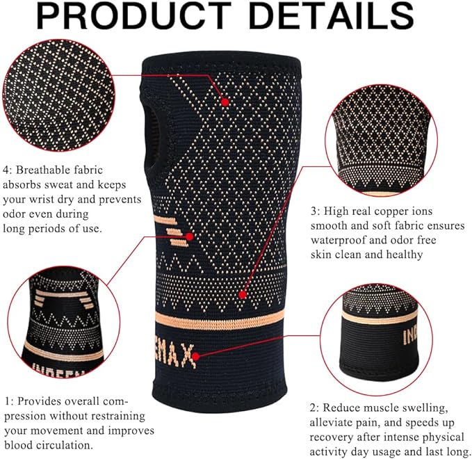 INDEEMAX Copper Wrist Compression Sleeve 1 Pair, Comfortable Hand Brace Support for Arthritis, Tendonitis, Sprains, Workout, Carpal Tunnel - Left & Right - Women and Men