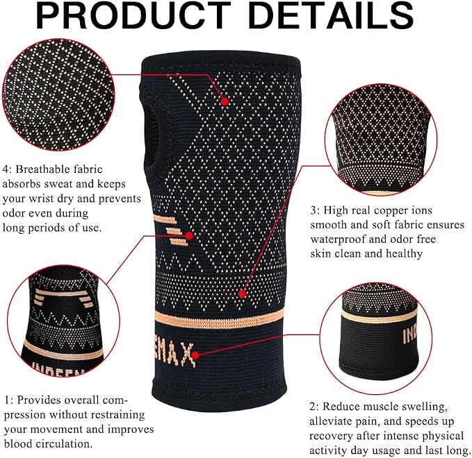 INDEEMAX Copper Wrist Compression Sleeve 1 Pair, Comfortable Hand Brace Support for Arthritis, Tendonitis, Sprains, Workout, Carpal Tunnel - Left & Right - Women and Men