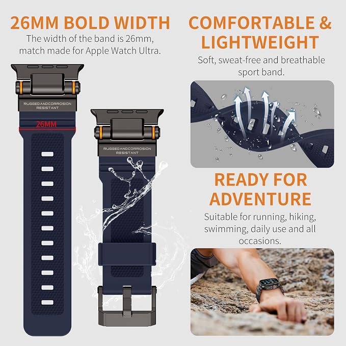 Band Compatible with Apple Watch Ultra 3/2/1 Band 49/46/45/44mm | Metal Connector with Silicone Rugged Strap for iWatch Ultra Series 11/10/9/8/7/6/SE3/SE2/SE/5/4/3/2/1, Navy Blue/Black