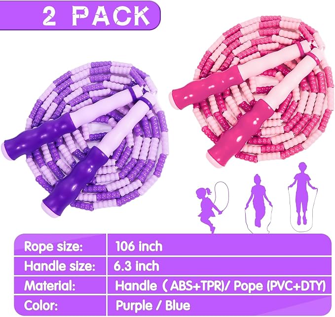 Supertrip Jump Rope Kids-Soft Beaded Skipping Rope Adjustable Tangle-Free Segmented Jumping Rope for Children and Students