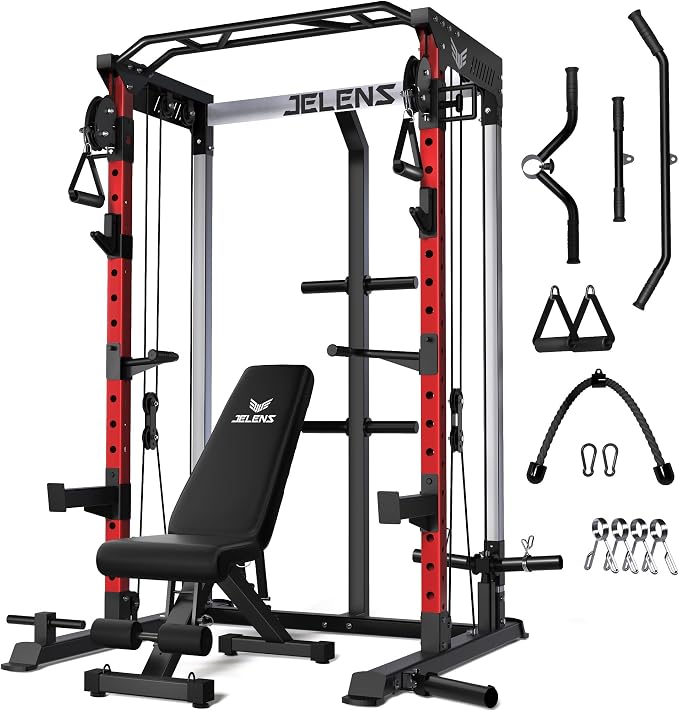 JELENS C21 Power Cage, 2000LBS Multi-Function Power Rack with Independent Dual Pulley System, All-in-One Squat Rack for Cable Crossover, Home Gym Workout Machine