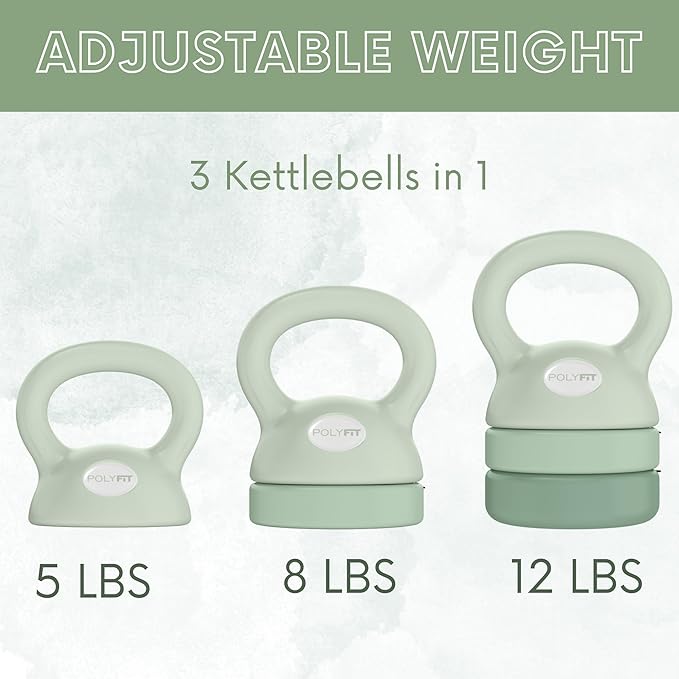 Polyfit Adjustable Kettlebell | 5 lb - 12 lb | Kettlebells Weights Set for Home Gym | Kettle Bell Sets for Women at Home | 3-in-1 adjustable design, 5/8/12 lb settings, non-slip PE coating, compact home gym storage, workout guide included
