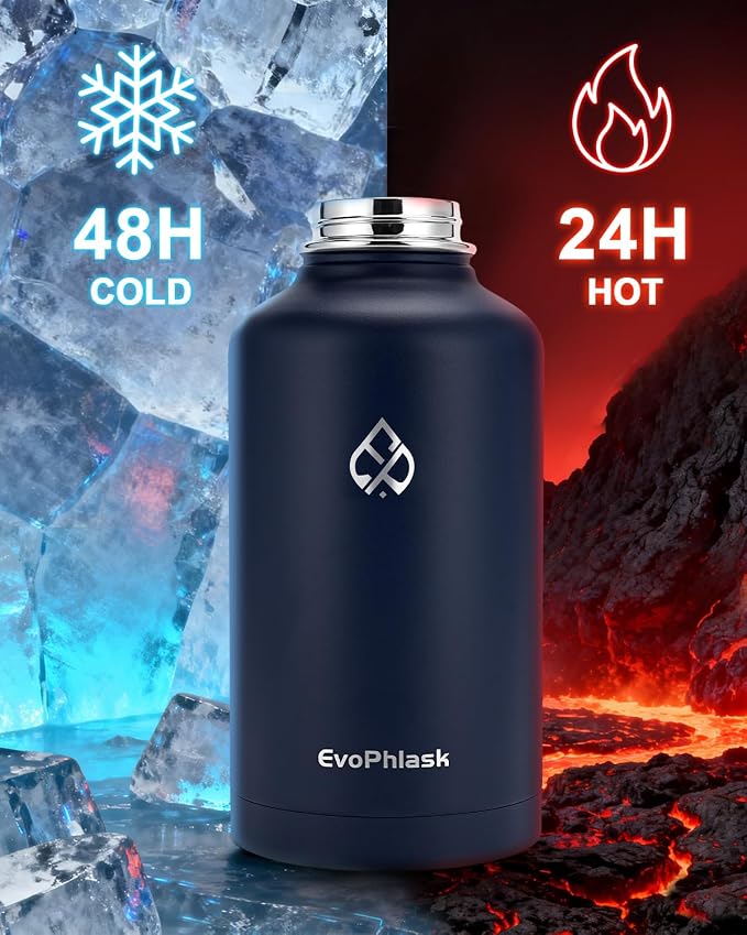 Insulated Water Bottle 64 oz with Carrier Bag, Dark Blue | Stainless Steel, Vacuum Insulated Keep Cold 48 Hrs, Half Gallon Large Water Jug, For Travel, Sport, Gym, Hiking