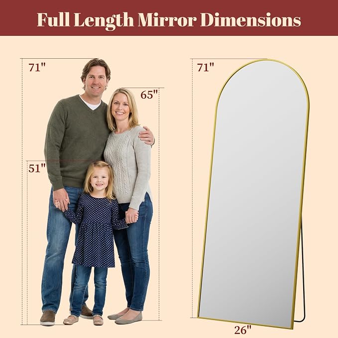 Suidia 71"x28" Arched Full Length Mirror with Stand, Full Body Mirror with Aluminum Frame, Freestanding/Leaning/Wall-Mounted, Floor Mirrors for Bedroom, Living Room, Entryway, Dressing Room, Gold