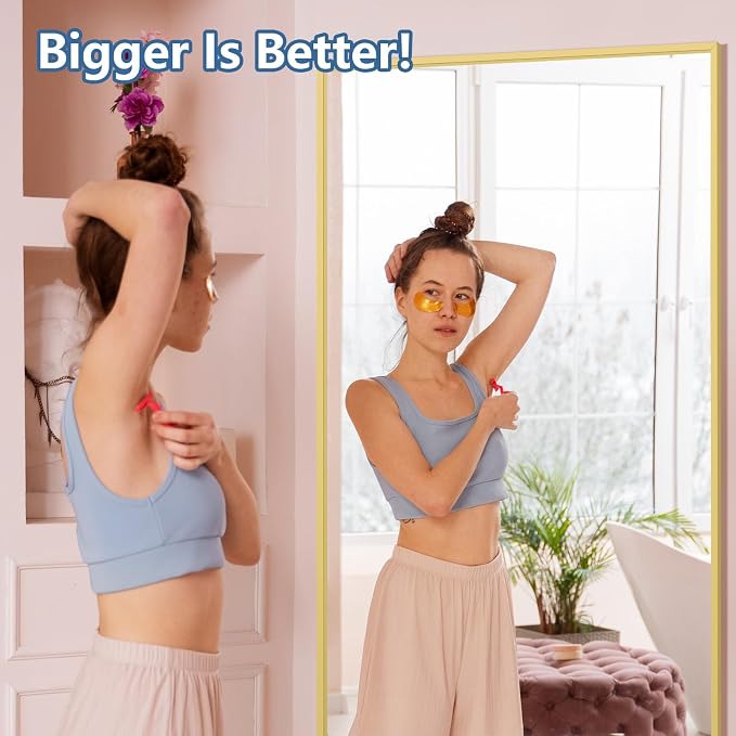 71"x32" Floor Mirror Full Length with Stand, Gold, Rectangular | Free Standing or Leaning Against Wall, Wall‑Mountable, for Gym Bedroom Living Room, Aluminum Alloy Frame, Tempered Glass