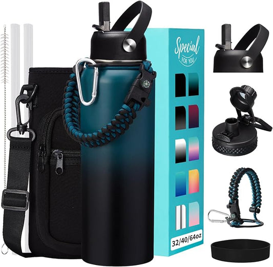 32/40/64OZ Insulated Water Bottle - Keep Cold 48H Hot 24H, Combo Straw/Spout Lids, Paracord Handle for Gym/Hiking, Carrier Bag +Strap, Cup Mat, BPA-Free Stainless Steel Flask Jug