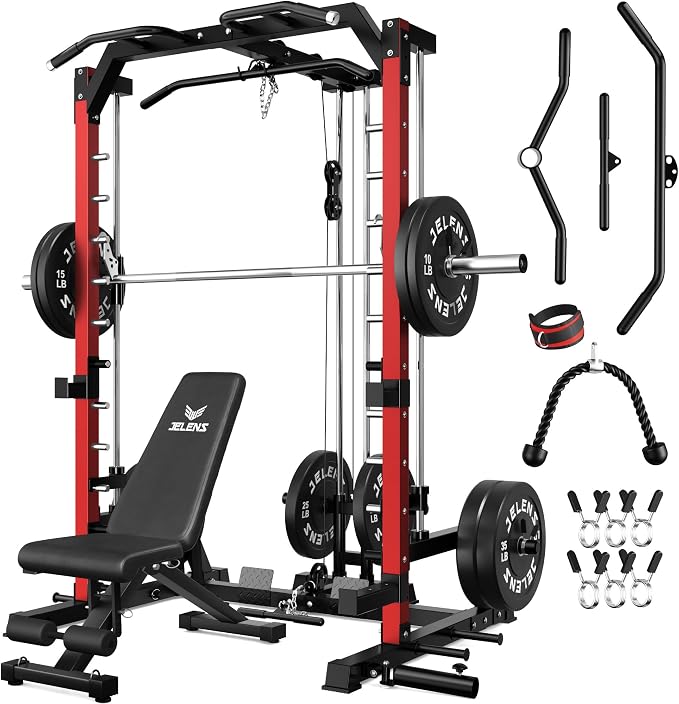 SR01 Smith Machine, 2000LBS Multi-Function Power Cage with LAT Pulldown System, All-in-One Home Gym Squat Rack with Smith Bar and Training Attachments for Full Body Workouts