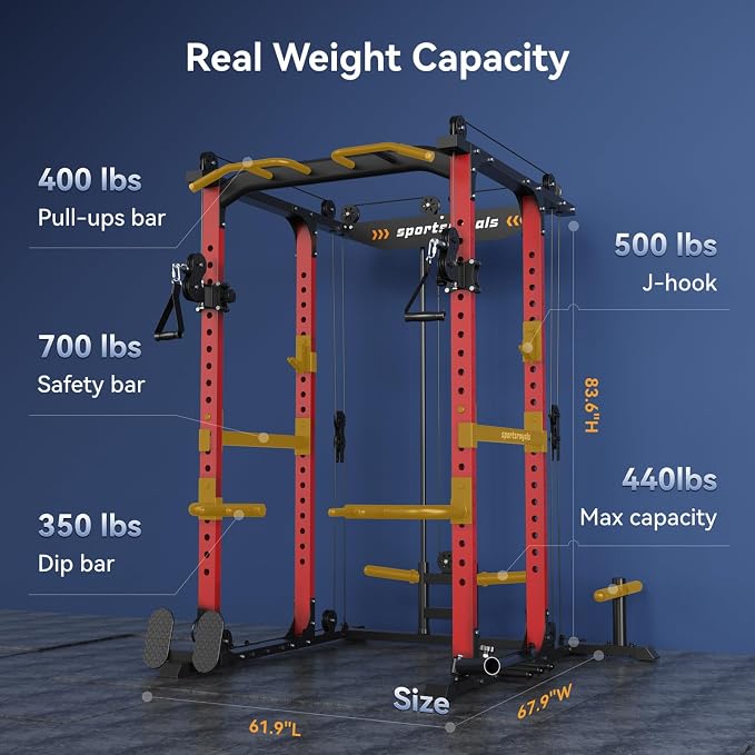 Sportsroyals Power Cage, 1600LBS Squat Rack with Cable Crossover System | Power Rack with LAT Pull Down System, Workout Cage with Pulley System for Fitness Home Gym Strength Training