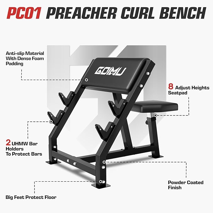 PC01 Preacher Curl Bench, Seated Arm Isolated Barbell Dumbbell Bicep Station, Adjustable Bicep Curl Machine with 2 Bar Holders for Home Gym