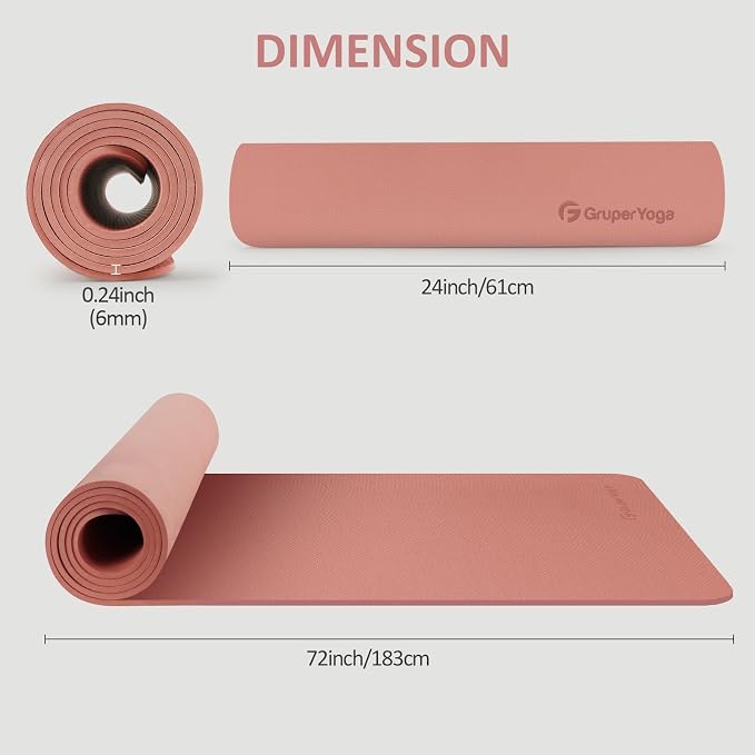 Gruper Yoga Mat Non Slip, 72"L x 24"W x 0.24"/0.32"TH, Anti-Tear Exercise Mat with Carrying Strap and Bag, Pro TPE Yoga Mats for Women, Workout Mats for Home, Pilates and Floor Exercises