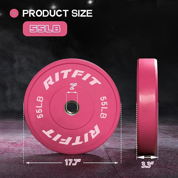 RITFIT Pink Olympic Bumper Plates with Steel Insert for Home Gym | High-Density Rubber with Low Bounce, 2-Inch Olympic Bore with Steel Insert, Pink Color for Strength Training