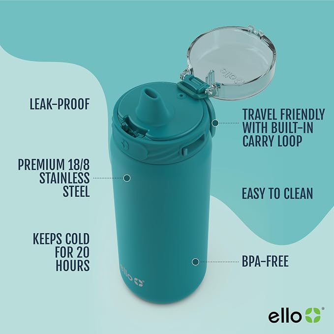 Ello Cooper 18oz Insulated Stainless Kids Water Bottle with Straw, Antigua | Leakproof kids water bottle with straw and carry handle. BPA-free, keeps drinks cold 23 hours, backpack friendly for school.