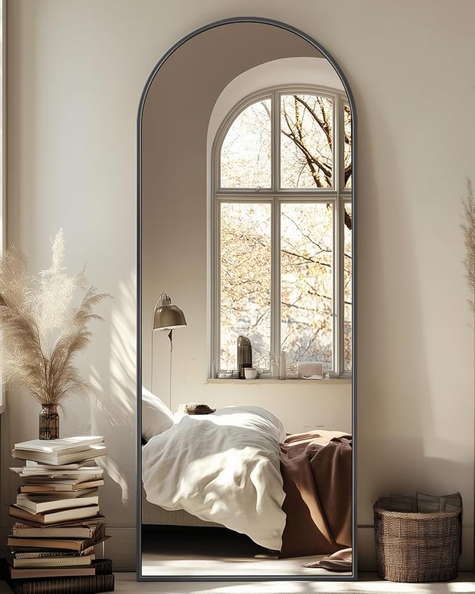 Suidia 58"x18" Arched Full Length Mirror with Stand, Full Body Mirror with Aluminum Frame, Freestanding/Leaning/Wall-Mounted, Floor Mirrors for Bedroom, Living Room, Entryway, Dressing Room, Black