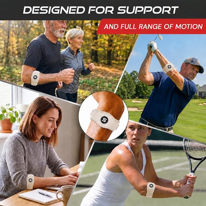 Sleeve Stars Tennis Elbow Brace for Men & Women, Elbow Brace for Tendonitis, Tennis Elbow Strap, Golfers Elbow Brace, Elbow Support Wrap for Tennis Elbow Relief, Fits 9"-23" (Single/Beige)