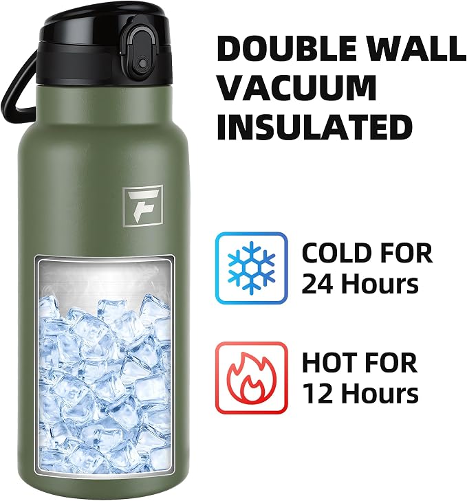 Fanhaw 32 Oz Insulated Stainless Steel Water Bottle with Chug Lid – Wide Mouth, Leak-Proof, BPA-Free – Ideal for Kids, Adults, Sports, Gym, and Outdoor Use (Olive Green)
