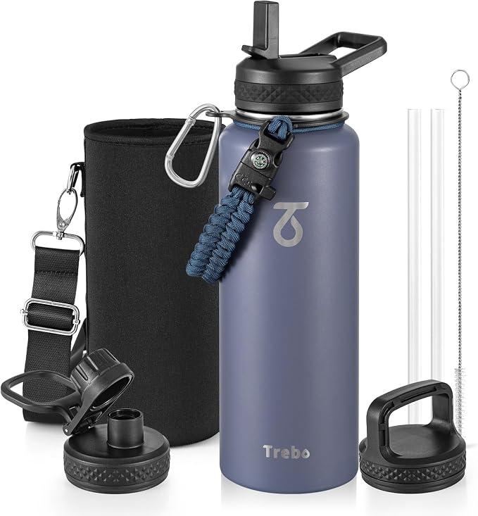 Trebo Water Bottle Insulated 40 oz with 3 Lids, Paracord Handle & Sleeve | Stainless Steel Flask Vacuum, Triple Wall Copper Plated, Dishwasher Safe, Keeps Cold 48Hrs for Hiking, Gym, Wide Mouth