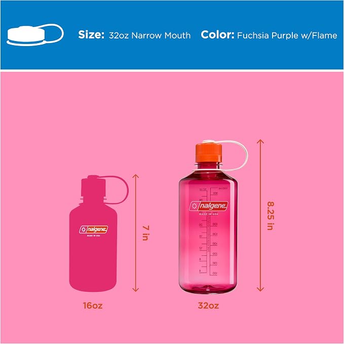 Nalgene 32 oz Narrow Mouth Water Bottle, Thrill & Motion, Fuschia Purple w/Flame