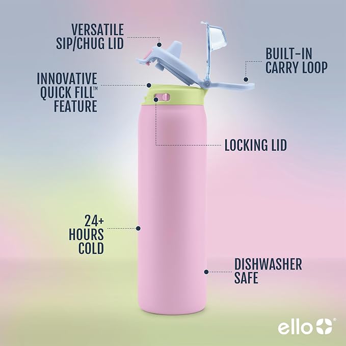 Ello Pop & Fill Insulated Stainless Steel Water Bottle with Quick Fill Lid, Leakproof Locking, Sip or Chug Spout, BPA-Free, Double Wall Vacuum Insulated for Sports, Travel & School- 22oz / 32oz / 40oz