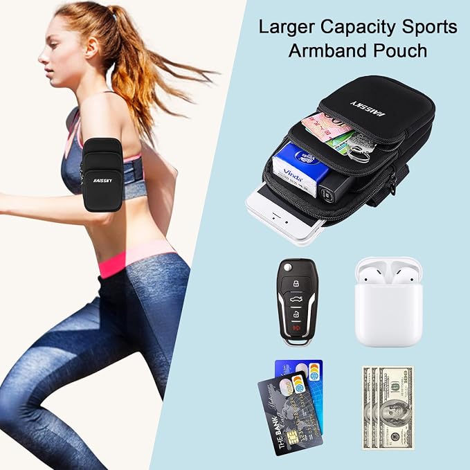 3 Pockets Running Phone Armband Holder for iPhone 16 15 14 Pro Max 13 Plus 12 11 XS XR X 8 7 Galaxy S23 Pouch Key Card Bag, Water Resistant Cell Phone Sport Arm Bands for Exercise Walking Workout Gym