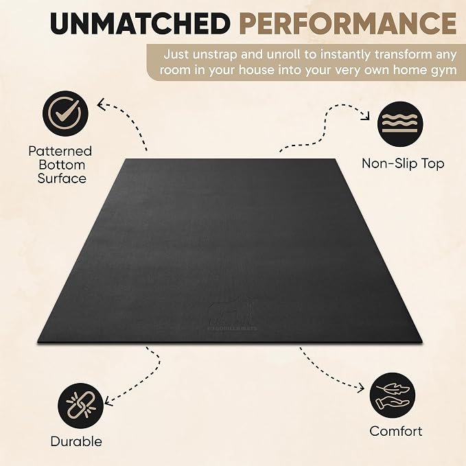 Gorilla Mats Large Exercise Mat – 6'x4', 7'x4', 7'x5', 8'x4', 10'x4' (1/4" Thick) – Ultra Durable Workout Mat for Home Gym Flooring – Non-Slip, Flat Fitness, Yoga & Weight Lifting Floor Mat