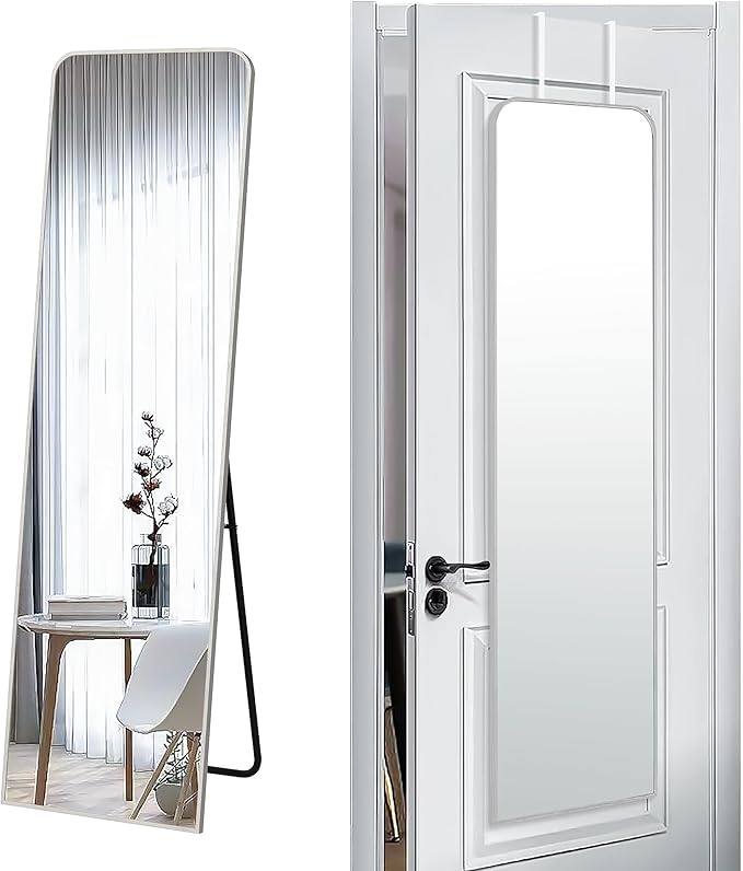 SCWF-GZ 57x16 Full Length Mirror Over The Door Hanging, Floor Stand/Wall Mounted Aluminum Alloy Frame Dressing Mirror for Bedroom Living Room 57 inch Silver