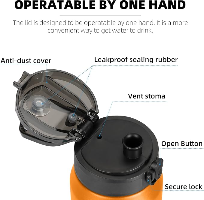 Fanhaw 24 oz Insulated Stainless Steel Water Bottle with Anti-Dust Chug Lid, Leakproof Vacuum Metal Everyday Use Bottle for Kids, Teens & Adults, Back to School Essentials (Yellow Orange)