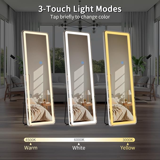 Koonmi Full Length Mirror with LED Lights, 60"x16" Lighted Mirror with Dimming & 3 Color Lighting, Big Mirror for Bedroom, Dressing Room, Rectangle,White