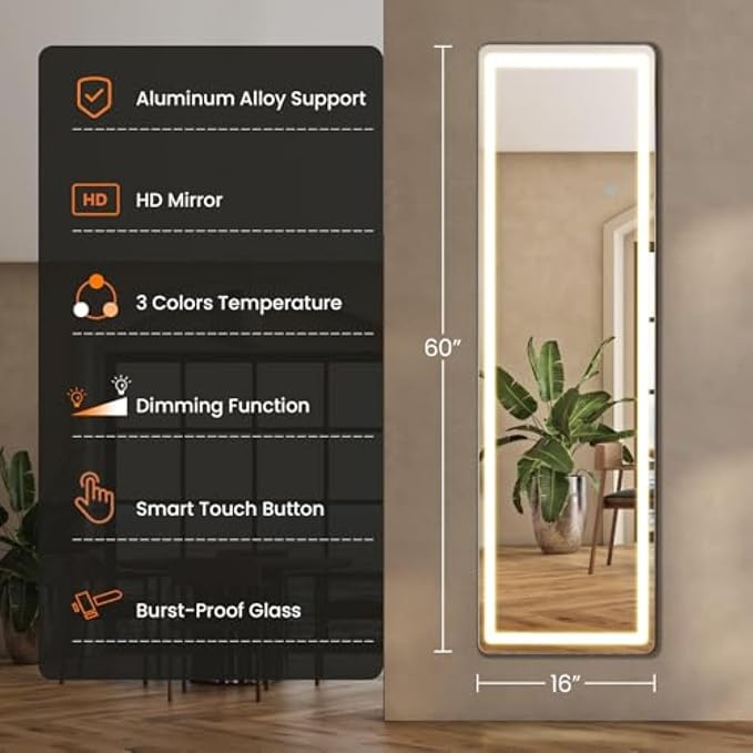 NEWBULIG 60"x16" LED Full Length Mirror, Full Body Standing Mirror, White | Leaning or Standing, Tempered Glass, Aluminum Alloy Thin Frame Floor Stand for Bedroom, Cloakroom
