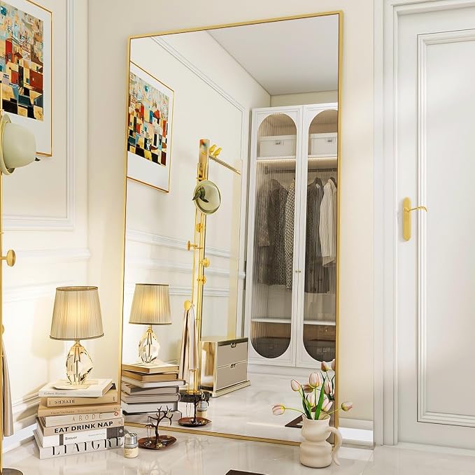 VooBang Large Full Length Mirror 78" x 35" - Shatterproof Gold | Huge Floor Full Body Dressing Mirror with Metal Frame, Freestanding, Wall Mounted, or Leaning for Bedroom, Living Room
