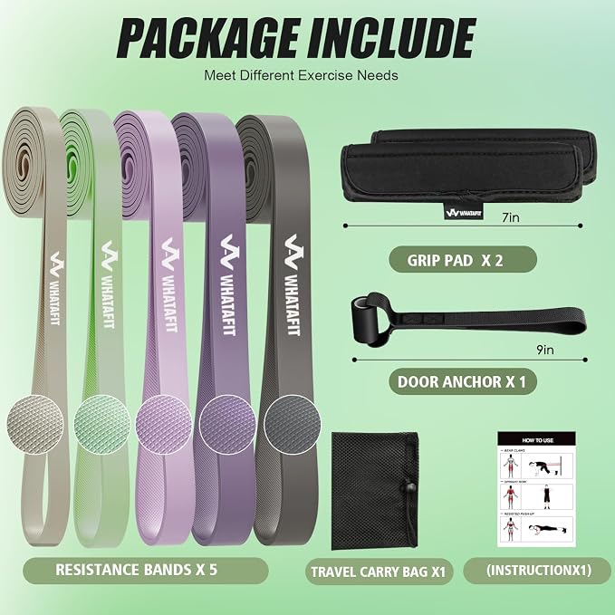 WHATAFIT Resistance Bands, Pull Up Assist Bands with Handles, Door Anchor | Natural Latex Rubber, Progressive Tension, Exercise Loop for Full-Body Fitness, Portable Gym Bag, Warm-Up & Stretch