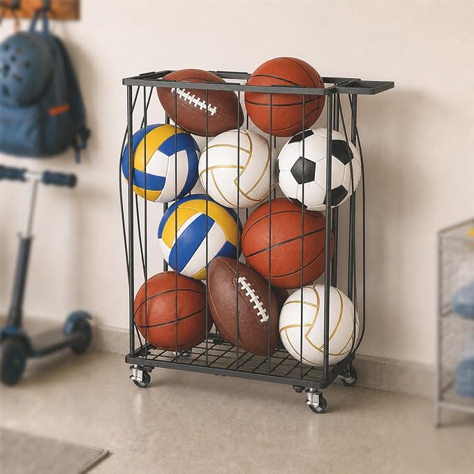 Garage Ball Storage Rack with Wheels, Metal Sports Ball Holder | Basketball Soccer Volleyball Holder with Adjustable Elastic Cords, Ball Organizer Space Saving Rack for Basement Gym Outdoor