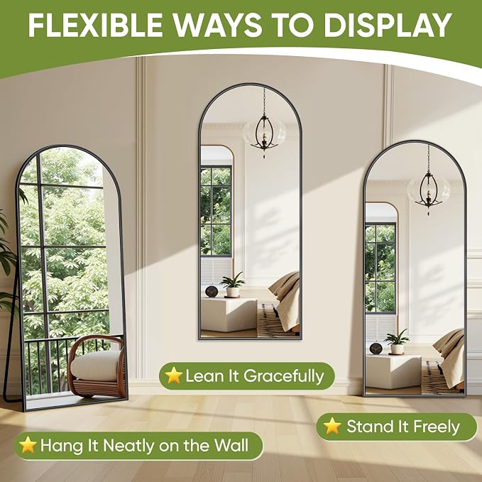 Full Length Mirror 58" L x 18" Full Body Standing Mirror for Bedroom, Living Room, Gym, Dorm - Shatter-Resistant & Easy Assembly, Arched Style Black