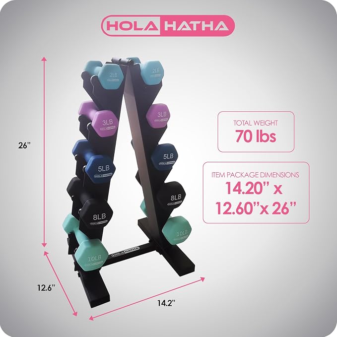 HolaHatha 1, 2 and 3 lb Neoprene Dumbbell Strength Training Weight Set with Rack