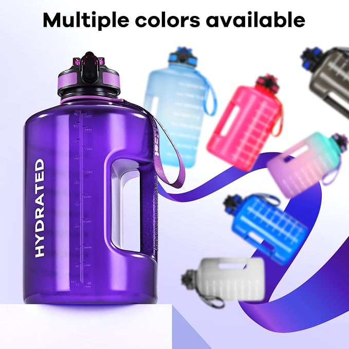 WEMEET Leakproof Water Bottle Motivational with Straw & Strap, BPA Free, 128 oz Gym Water Bottle with Time Marker, Water Jug for Outdoor Enthusiasts (Purple Blue)