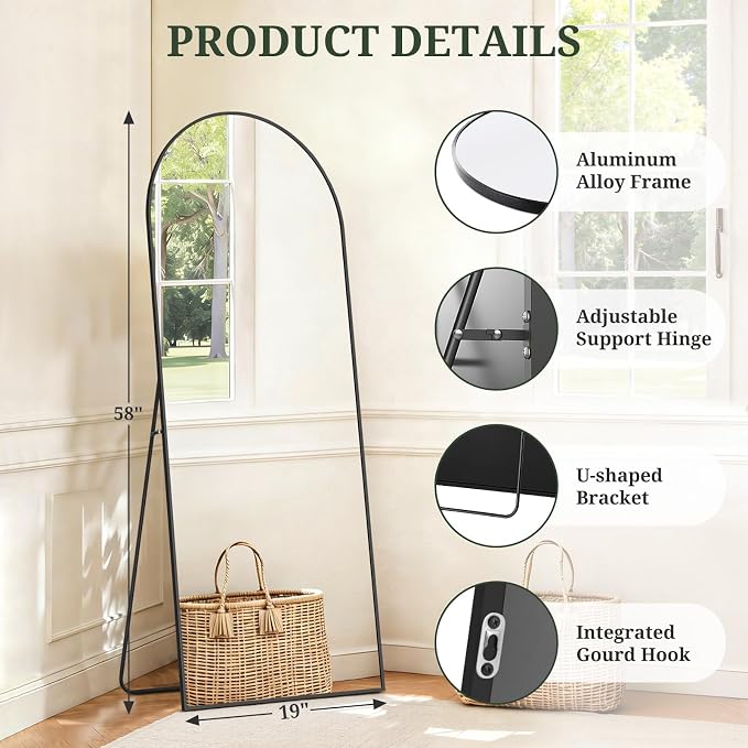 Mirror Full Length 58"x19", Arched Full Body Floor Mirrors with Stand | Shatterproof Glass, Aluminum Alloy Frame, Free Standing, Wall Mounted or Leaning for Bedroom Living Room Entryway