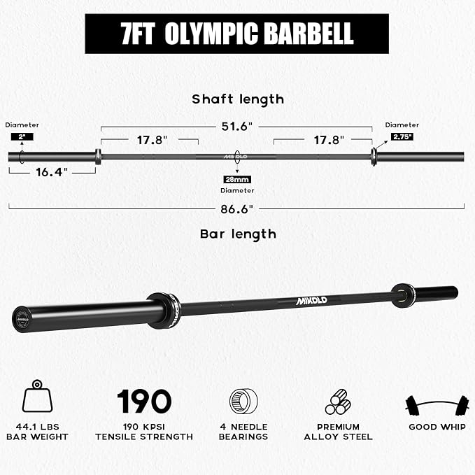 Mikolo 7ft Olympic Barbell, Barbell for Weightlifting and Powerlifting 45lb, Olympic Bar for 1500lbs Capacity, Weight Bar Fit 2” Standard Weights